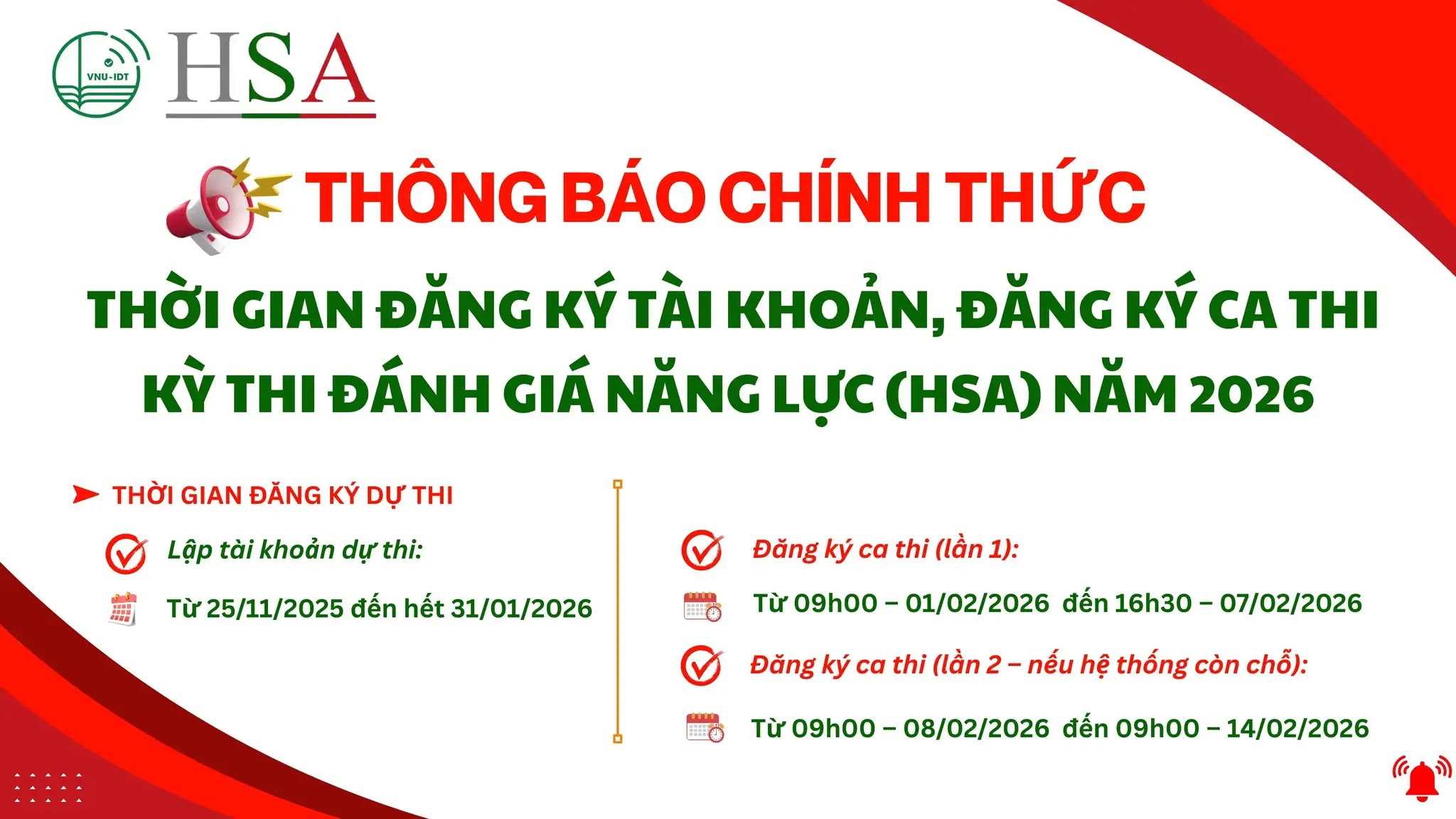 THÔNG BÁO CHÍNH THỨC THỜI GIAN ĐĂNG KÍ TÀI KHOẢN, ĐĂNG KÍ CA THI, KÌ THI ĐÁNH GIÁ NĂNG LỰC HỌC SINH TRUNG HỌC PHỔ THÔNG (HSA) NĂM 2026